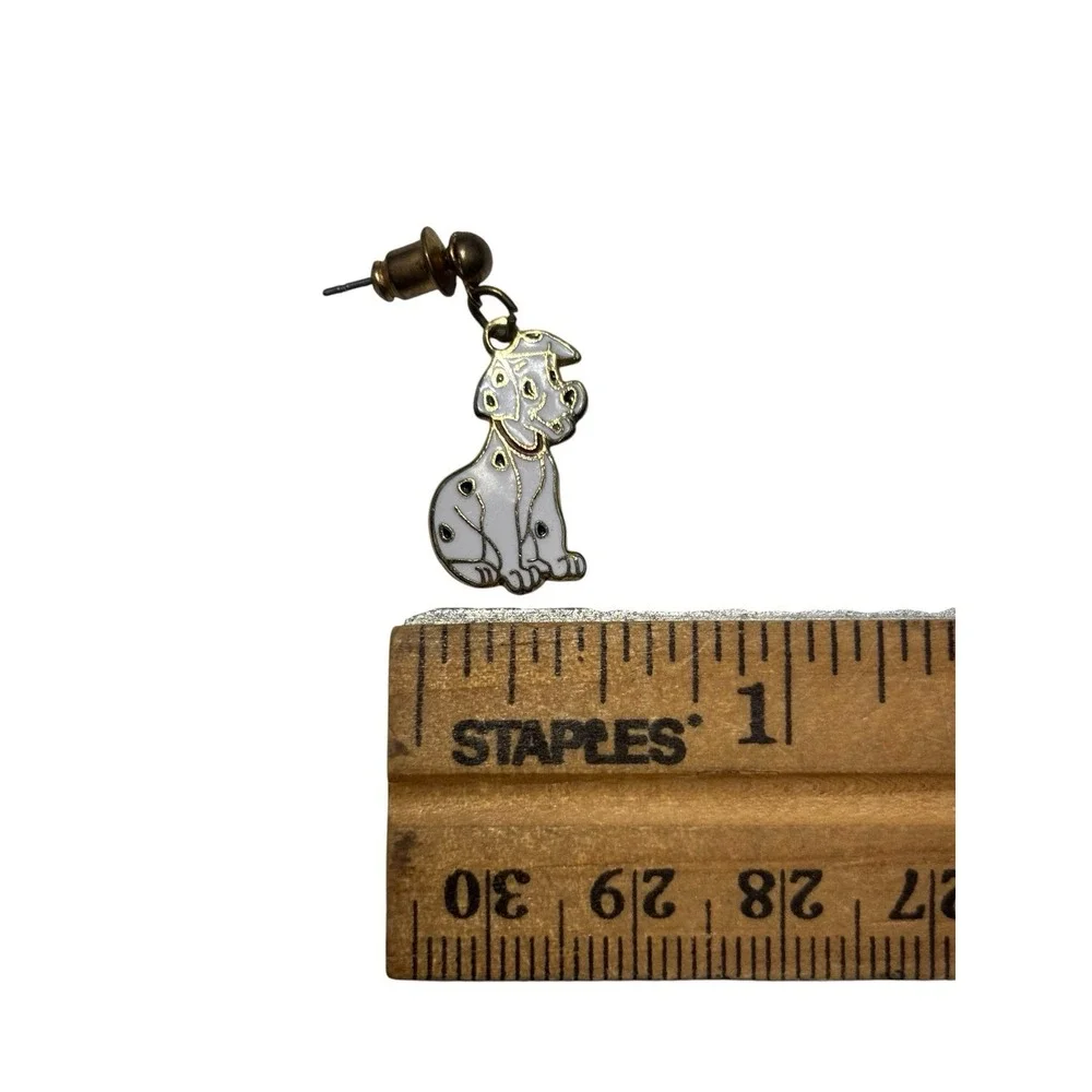 Vintage Disney Gold Tone Enamel 101 Dalmatians Puppy Dog Pierced Dangle Earrings